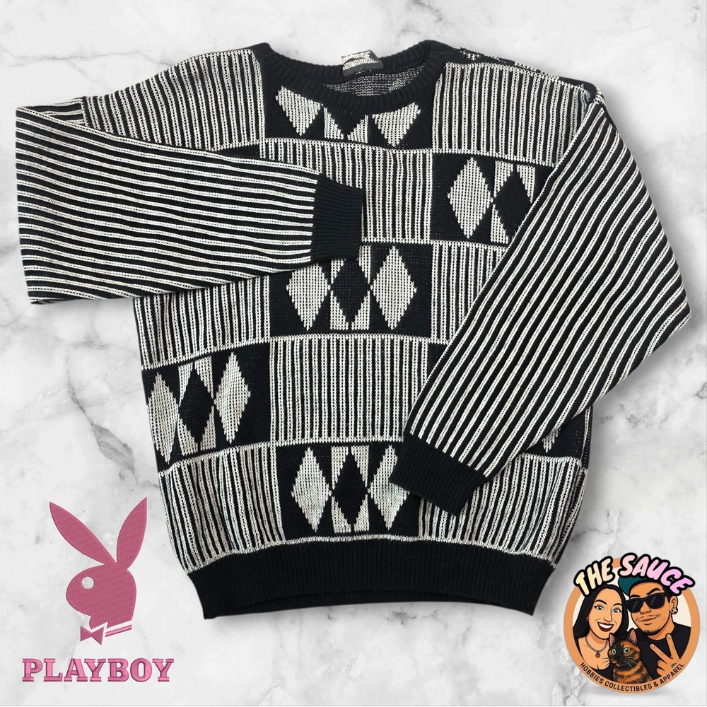 Vintage 1980s Playboy Geometric Argyle Knit Sweater Black White Coogi Style USA‎